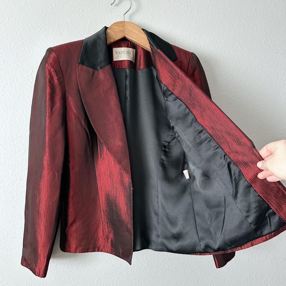 Vintage Nahdree Lifestyle Red Metallic Sateen Blazer Jacket Women's Size 10 - Picture 5 of 15